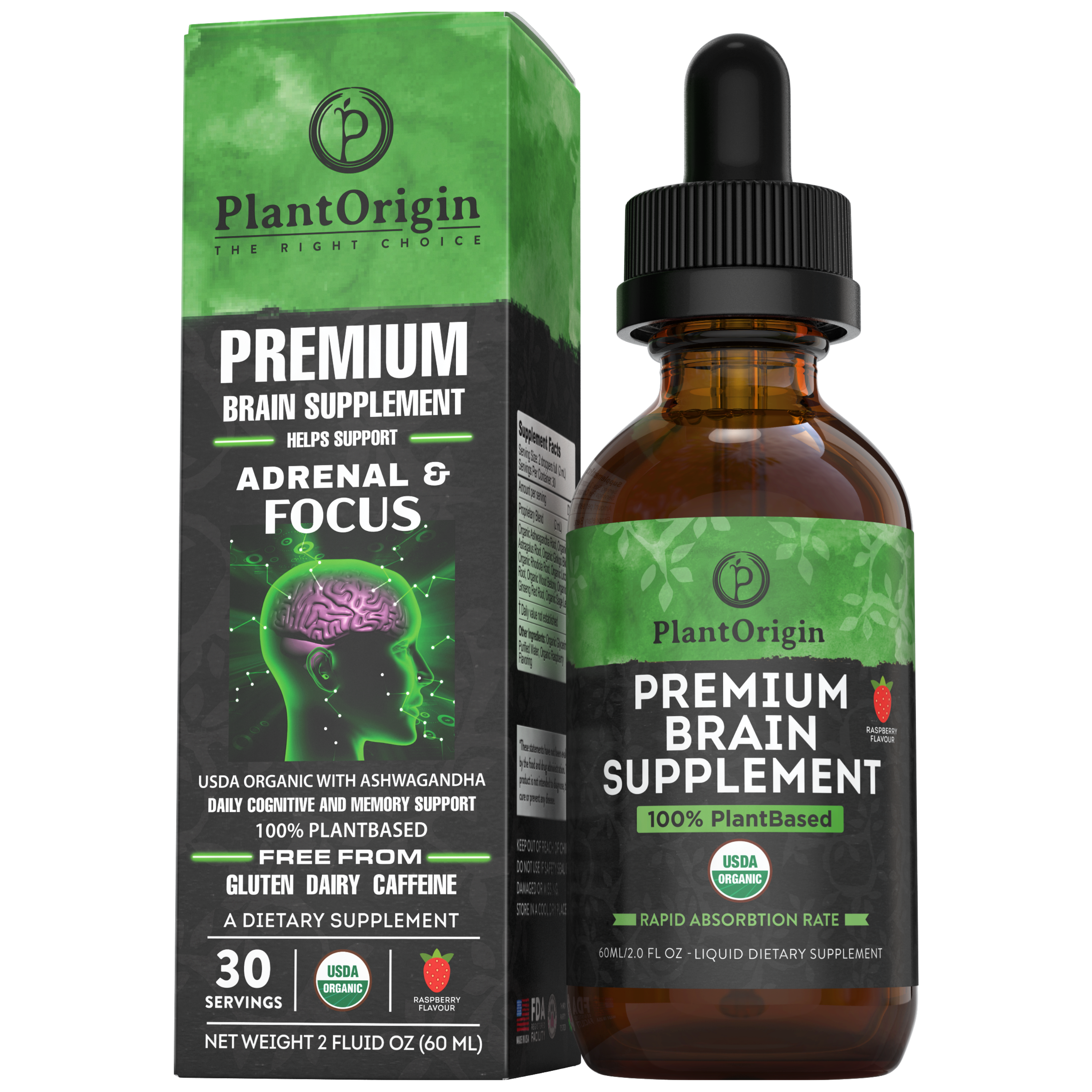 PLANTORIGIN Premium Brain Supplement Drops Memory Focus & Adrenal